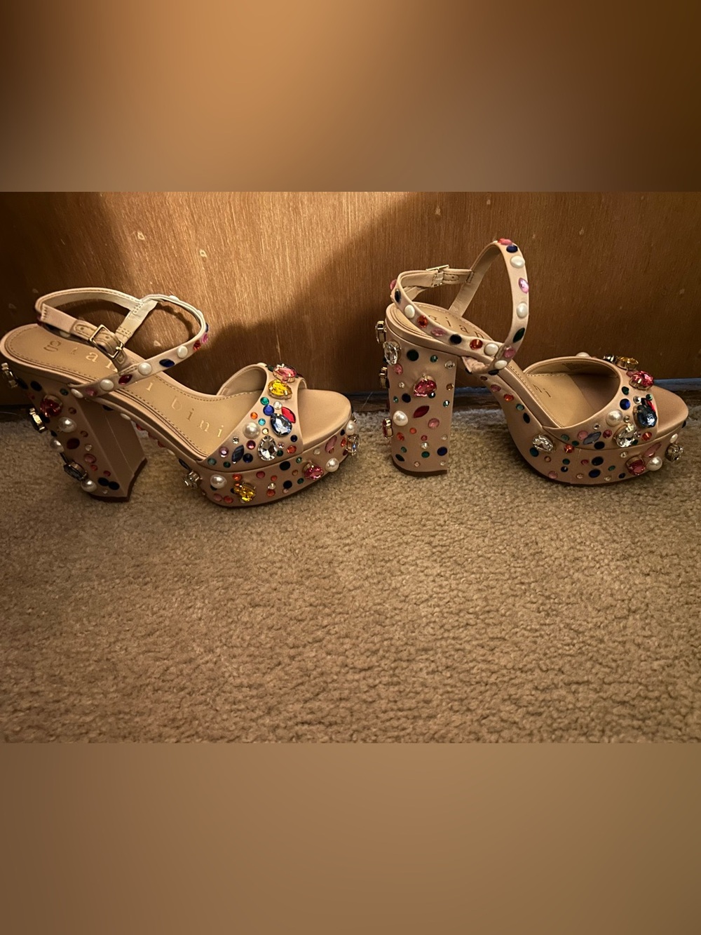 Gianni Bini Nude Platform Heels with Multicolored Gems - Picture 6 of 7